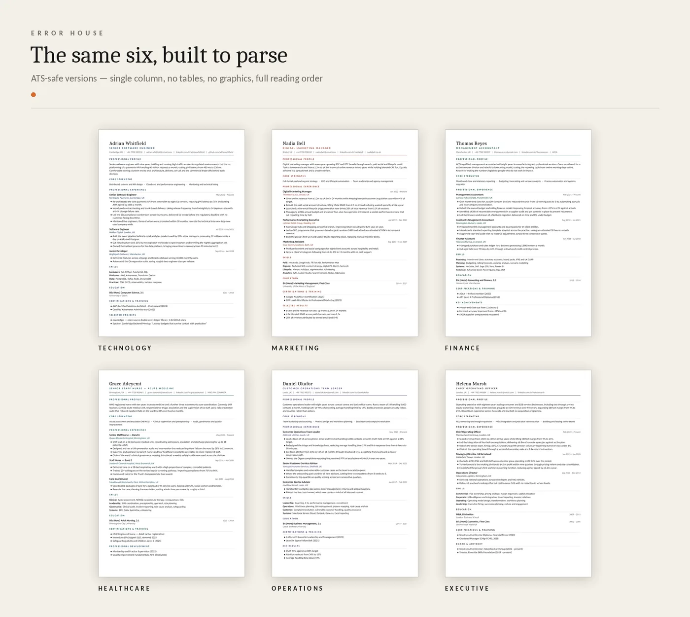 Six ATS-safe CV templates - technology, marketing, finance, healthcare, operations and executive