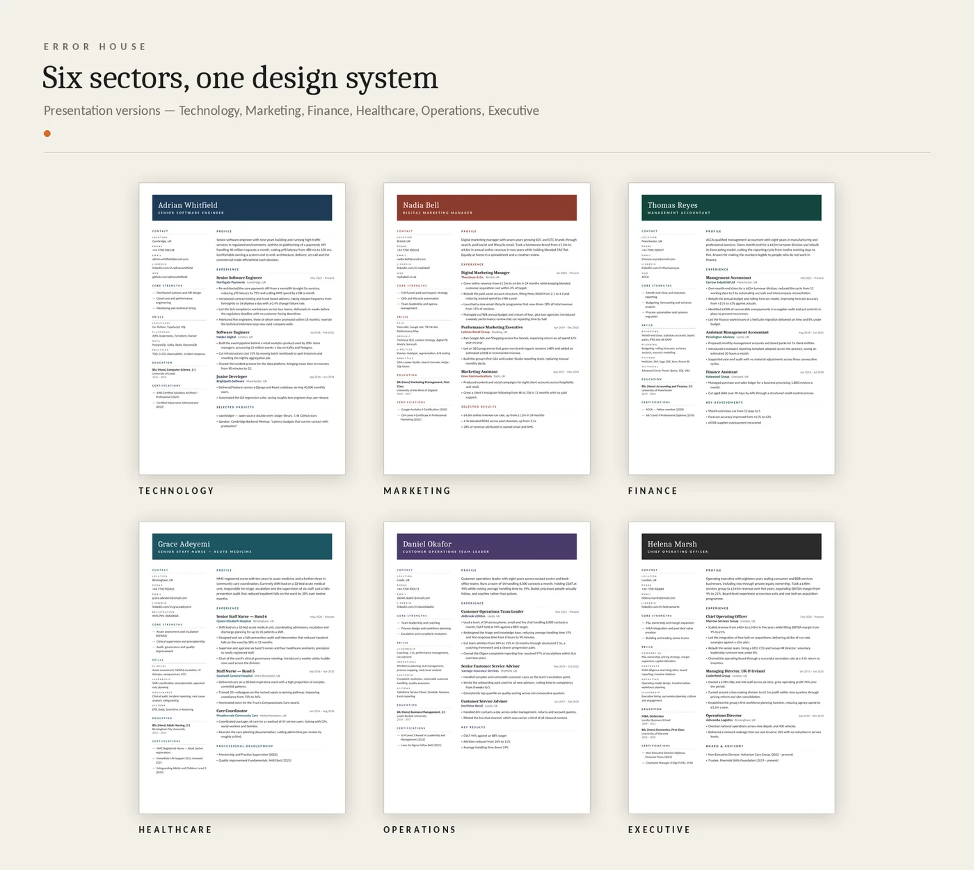 Six design-led CV templates with accent mastheads, one for each sector