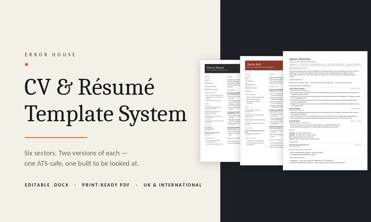 CV and resume template system by Error House - six sectors, two versions of each